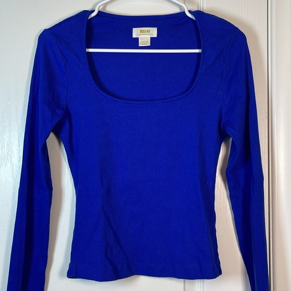 Maeve Anthropologie Blue Scoop Neck L/S Ribbed Blouse Shirt Medium EUC #0549-OC - Picture 3 of 6